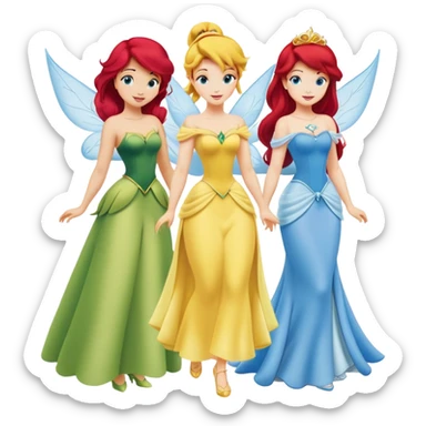 four minimal Disney princesses in one image: Belle with yellow dress, Tinkerbell with wings, Ariel with red hair and tail, Cinderella with blue dress sticker