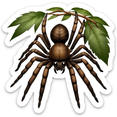 Giant hairy tarantulas (bird-eating spiders) in their natural habitat, surrounded by leaves and branches, with detailed textures of their legs and fur. Soft lighting highlights their features. Transparent background. sticker