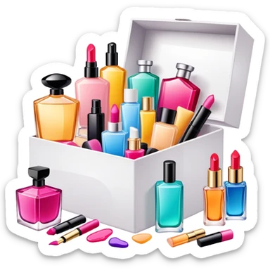 an opened box with colorful makeup, skincare bottles, and perfume spilling out sticker