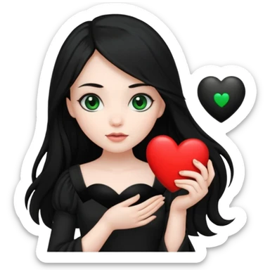 Pale girl with long black hair and dark green eyes wearing black dress and holding black heart sticker