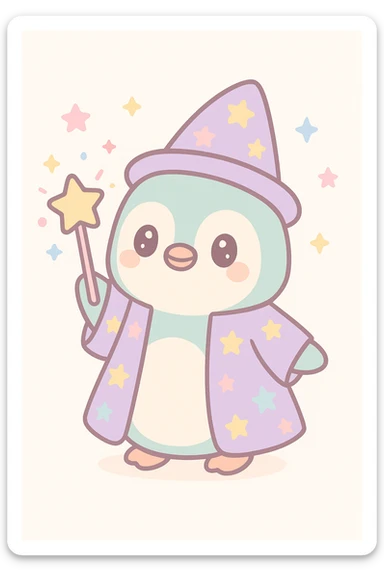 a cute penguin wizard casting a spell, wearing a starry robe and holding a wand sticker