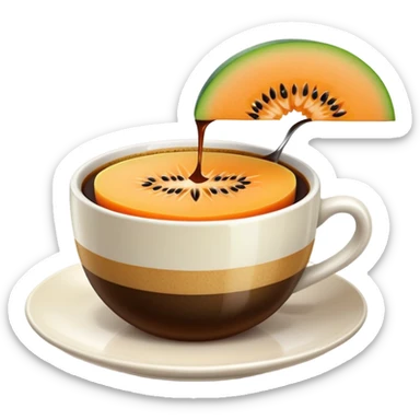 carajillo in a small espresso coffee cup with a slice of cantaloupe melon on the side sticker
