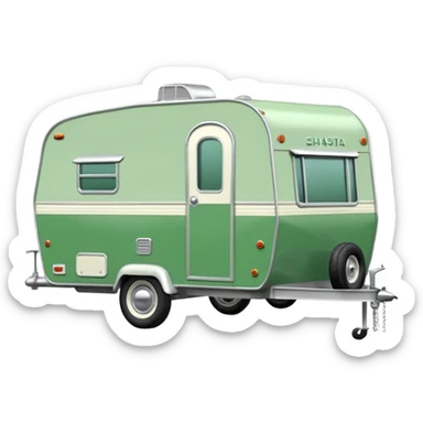 1960s Shasta trailer, single axle wheels, colored all green, the same green shade as movie trailer green preview card, light grey tires and grey hitch sticker