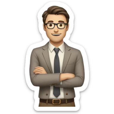 To belt Actively gesturing with hands Okay Pale skinned fit man with dark brown hair in gray jacket, beige office shirt, brown tie, brown pants and vintage glasses. sticker