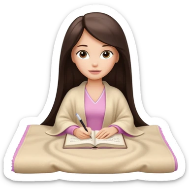 White Barbie girl with a long straight dark brown hair inside a pale beige blanket is writing a book sticker
