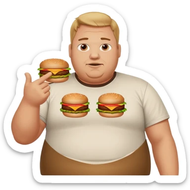 A very fat guy in an Alex Zero T-shirt, holding burgers, giving likes and dislikes, and pointing at KFC. sticker