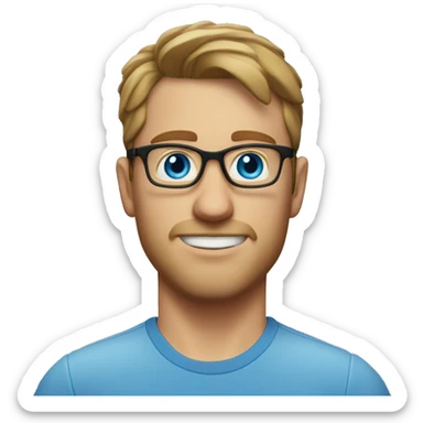 A head and shoulders shot of a 32 year old white man, with short brown hair, with none facial hair,  wearing glasses with blue eyes wearing a t-shirt. sticker