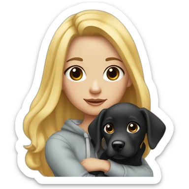 A blonde girl  with smooth hair and a ray in the middle of his hair, she has light skin a few freckles, and she wear a hoodies and she Carries in his arms a black baby labrador dog  sticker