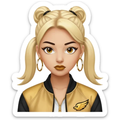 “Emoji girl, fierce confident expression, sharp winged eyeliner, bold brows, matte nude lips, long lashes, sleek high ponytail, wearing gold hoop earrings and sporty streetwear jacket.” sticker