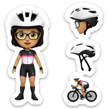 Ciclista MUJER de piel morena clara de contextura delgada estatura alta con zapatillas de ruta blancas licras negras y maillot blanco casco blanco y gafas negras con barba regular sticker