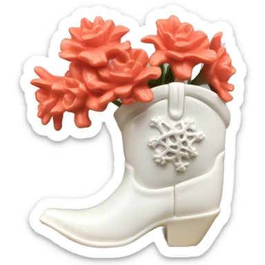 White cowgirl boot vase with coral sticker