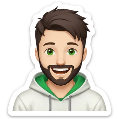 laughing guy with white hoodie, green eyes, dark brown undercut hairstyle and a short full beard sticker