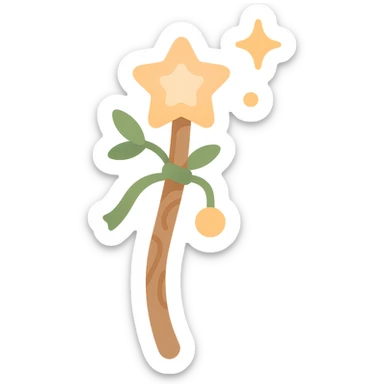 "A cute and magical wand with an elegant, whimsical design, incorporating a color palette of golden orange (FA9B41), forest green (4A7C5C), soft taupe brown (96775A), and pastel peach (FFCC9A). The wand is slender and slightly curved, made of smooth wood with delicate carvings. At the top, there's a glowing gem or star in peachy tones, surrounded by tiny sparkles. Decorative elements like a ribbon, tiny leaves, or a small charm add a cozy, storybook-like charm. The overall look is gentle, enchanting, and magical, perfect for a forest fairy or a kindhearted young wizard." sticker