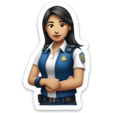 A PERUVIAN SECURITY AGENT GIRL, IN A BLUE VEST AND WHITE SHIRT. SAY OK WITH YOUR HAND. sticker