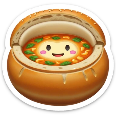 Żurek Cinematic Realistic Żurek Soup Dish Emoji, depicted as a tangy rye soup served inside a hollowed-out round loaf of bread, rendered with rich textures and dynamic, comforting lighting. sticker