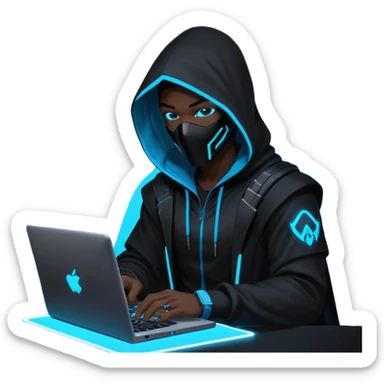 developer behind his laptop with this style : crysis Cyberpunk Valorant neon glowing bright blue character blue black hooded assassin themed character sticker