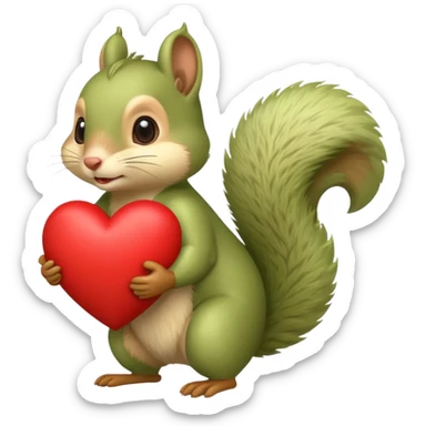 Soft yeşil bir sincap kocaman bir kalp taşıyor sanki karşında çok sevdiği biri varmış gibi sticker