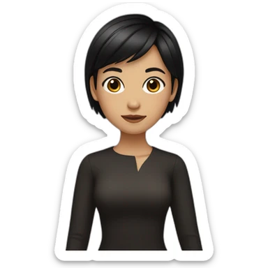 A girl with short black hair, wheat-coloured skin, wearing black  sticker