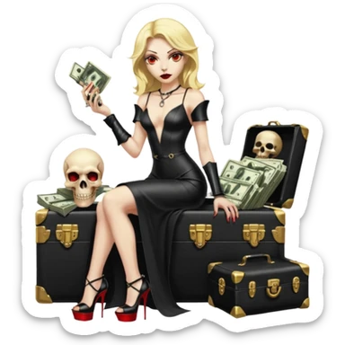 Lilith symbol red eye seductress evil shoulder length blonde haired sexy succubus woman with leather long dress with slit, sitting on a case of gold and cash. Black Platform high heels on feet. Tattoo sleeve arms, seat full of stacks of cash,  dead human skull of her enemies in her other hand sticker