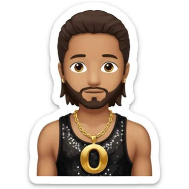 Omarion with long dark brown hair, dark brown sequin tank top, necklace with letter o sticker