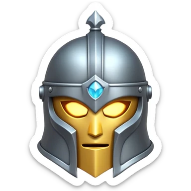 Clash of Clans aesthetic: Cinematic Playful 3D Isometric steel helm Emoji, rendered in a 3D vector-style similar to standard emojis with minimal shading and bold, simplified shapes. A compact, distinct form with signature details, softly glowing with a fantasy RPG magic charm. Simplified yet unmistakably iconic, highly detailed and consistent, glowing with a soft radiance and high shine. Stylized with a touch of heroic grandeur and a soft glowing outline, capturing the essence of a beloved gaming relic with a friendly, playful manner! sticker
