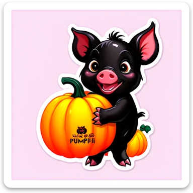 A black piglet holding 4 pumpkins with “luck x 4” written on it. sticker