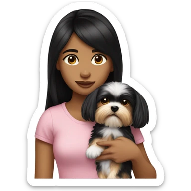 teenage girl with black straight hair holding a fluffy morkie dog like a baby sticker
