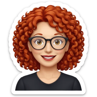 woman in her 50s, curly red hair, wearing glasses, cheerful look, emoji style sticker