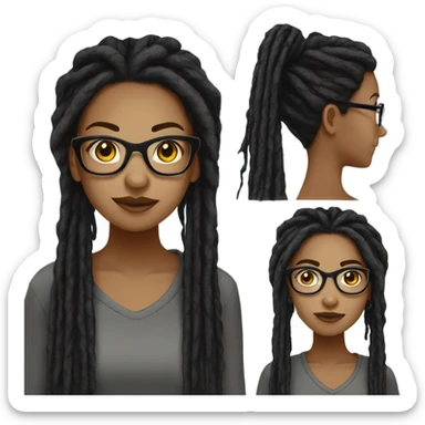 Tan girl with glasses, black colored thin eyes,  black dread locs hairstyle with an industrial ear piercing sticker