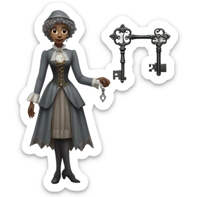 gray elf woman login holding a big key in victorian dress, full body sticker