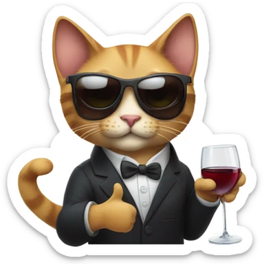 cat wearing sunglasses drinking a glass of wine and giving a thumbs up sticker