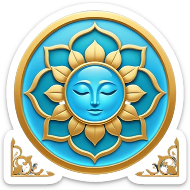 Un libro book dorado y azul celeste con detalles esmeralda, bordes luminosos y un símbolo de círculo zen, loto en la portada, irradiando presencia, tranquilidad y despertar espiritual. portada de libro sticker