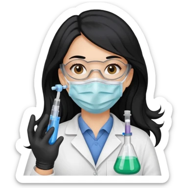 medica con guantes  y mascarilla e insumos laboratorio  jeringa tubos  pelo negro largo triguella sticker