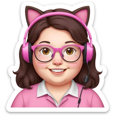 chubby English teacher, smiling, pink cat glasses, long wavy dark brown hair, face only, subtle gamer headset, classroom background, emoji style sticker