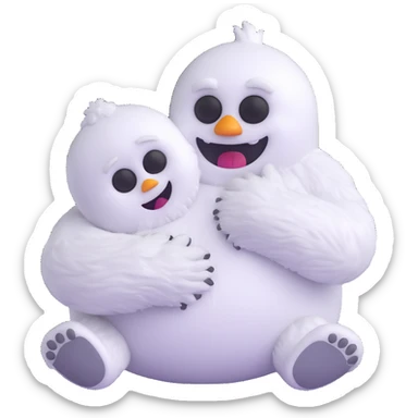 Abominable Snowman hugging a little person, 3D emoji style sticker