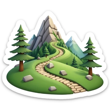 A 3D cartoon mountain trail winding up green slopes with stones and pine trees, distant peaks in background, warm daylight, Memoji-style. sticker