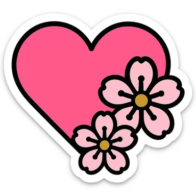 pink heart with sakura flowers, color outline icon style, clean lines and vibrant colors sticker