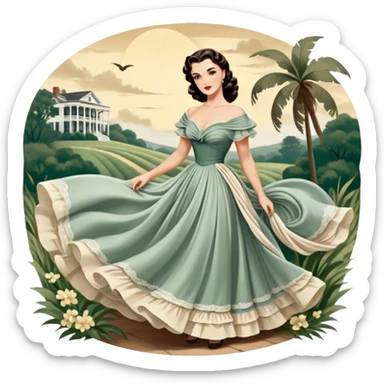 Icon for Romance Movie: A vintage movie poster-style design inspired by Gone with the Wind. Include romantic, sweeping imagery like Scarlett O'Hara in a flowing dress, Rhett Butler, a plantation backdrop, and fluttering wind-blown fabric. Soft, nostalgic cinematic feel. Transparent background. sticker