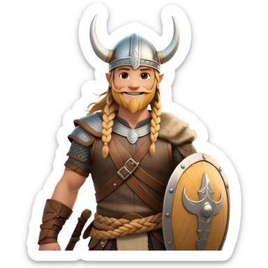 Clash of Clans aesthetic: Cinematic Cheerful Viking Portrait Emoji, With a bright, confident smile and a relaxed, adventurous stance, showcasing a stylized, spirited build with a classic Viking helmet and braided hair, his natural skin tone lending authenticity, Simplified yet expressive features, highly detailed, glowing with a soft, golden Nordic radiance, high shine, upbeat and courageous, stylized with an air of classic Viking heroism, soft glowing outline, capturing the essence of a cheerful Viking ready to embark on legendary quests! sticker