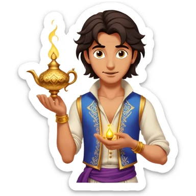 Cinematic Realistic Aladdin Portrait, depicted with lifelike, warm skin textures and a confident yet approachable gaze. His dark, wind-tousled hair frames expressive eyes full of adventure and kindness. Dressed in his iconic vest and loose trousers with intricate detailing, he holds a subtle glimmer of a magic lamp, all rendered under soft natural lighting with a radiant glow that captures his resourceful spirit. sticker
