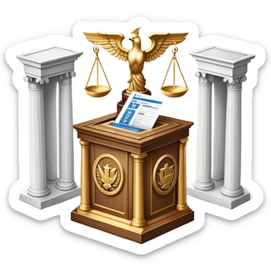 An icon featuring a ballot box with a voting paper, a government building with columns, and a scale of justice, symbolizing political science. The design includes a world map in the background, representing global political systems. Transparent background highlights governance and civic studies. sticker