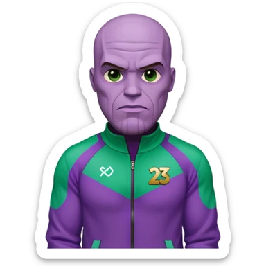 purple-skinned Thanos wearing a green Squid Game player tracksuit with number 230 sticker