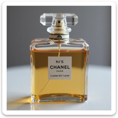 realistic Chanel perfume bottle, clear glass, elegant reflections, photorealistic style, minimal background sticker