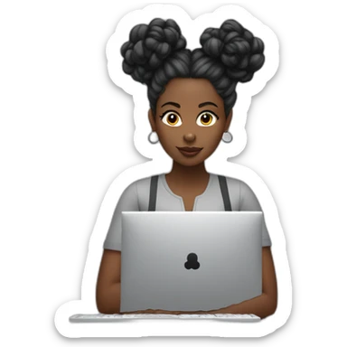 A black woman with space buns behind a computer screen, working in the field of technology sticker