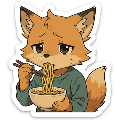 anime style fox character, eating noodles, looking sad sticker