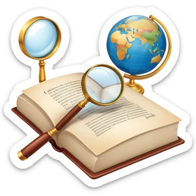 An icon featuring an open book, a speech bubble, and a magnifying glass, symbolizing the study of language and linguistics. The design includes letters, words, and a globe, representing the analysis of languages and communication across cultures. Transparent background. sticker