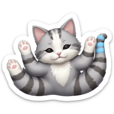 grey and white small cat eyes closed lying down upside down with paws stretched out straight in different directions sticker