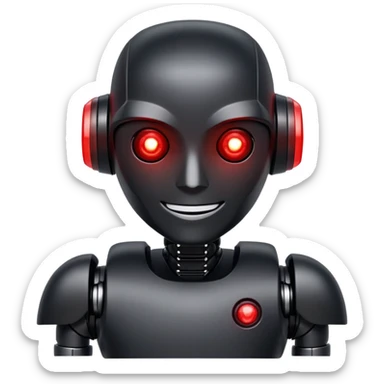 modern face of a black robot with white led eyes, red leds on robot, brave pose, smiling sticker