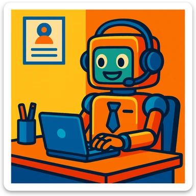 a cartoon robot recruiter at a desk, headset on, typing on a laptop, approachable and efficient, bright colors, cartoon style sticker