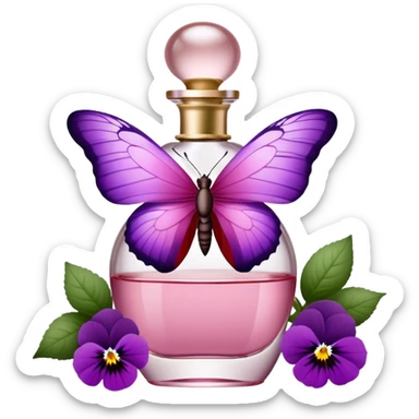 A butterfly with striking Tyrian Purple and Jasper Red wings delicately lands on a Rosewater Pink perfume bottle. Misty Rose pansies bloom softly around, creating a dreamy, romantic scene." sticker